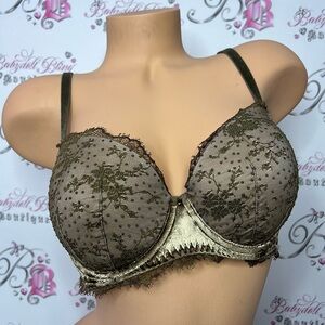 Victoria secret lined Demi bra green khaki lace velvet velour soft rare Angels